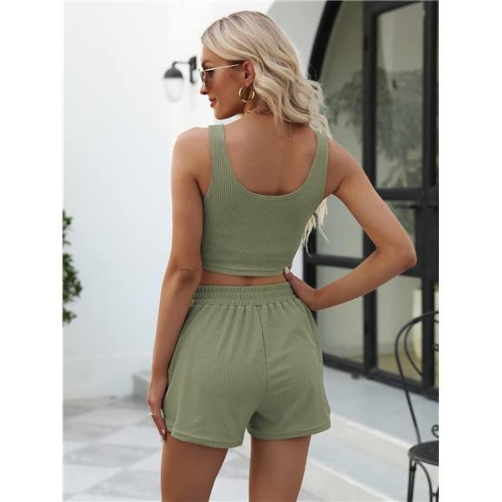 2 Piece Women Summer Shorts Sets Sleeveless Matching Lounge High Waist Crop Top - Picture 5 of 7